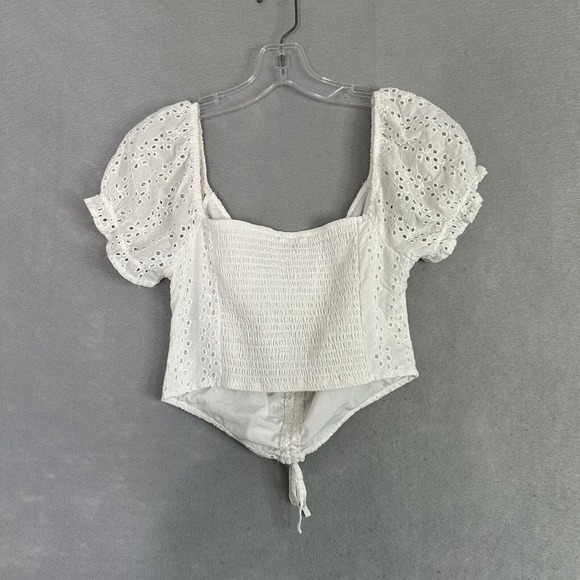 Hollister Crop Top Junior Sz Small Eyelet Puff Sleeves Cinch Cottage Coquette - Picture 2 of 11